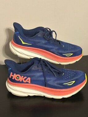 Women's HOKA ONE ONE Clifton 9 Sz 8.5 Evening Sky / Coral Running Shoe Sneaker